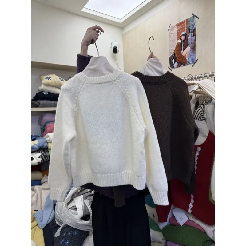 Estilo coreano otoño nuevo diseño de tomate tejido Casual de manga larga cuello redondo suéter Top para mujer