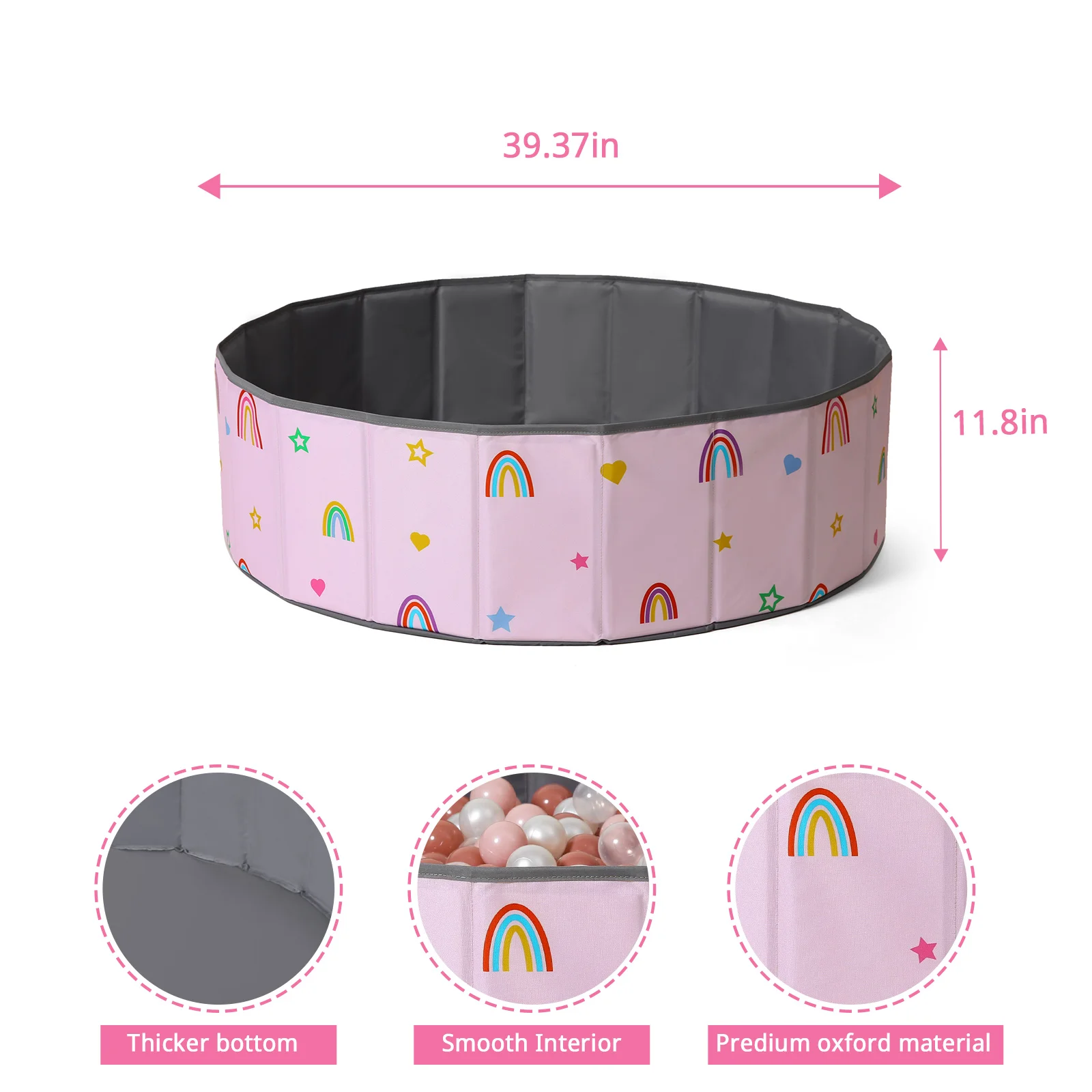 1 PC 100 ซม.แบบพกพา Ball PIT Pool สีชมพูรูปแบบ (ไม่มีลูก) ผ้า Oxford รอบเล่นในร่มและกลางแจ้งสําหรับเด็กเด็ก