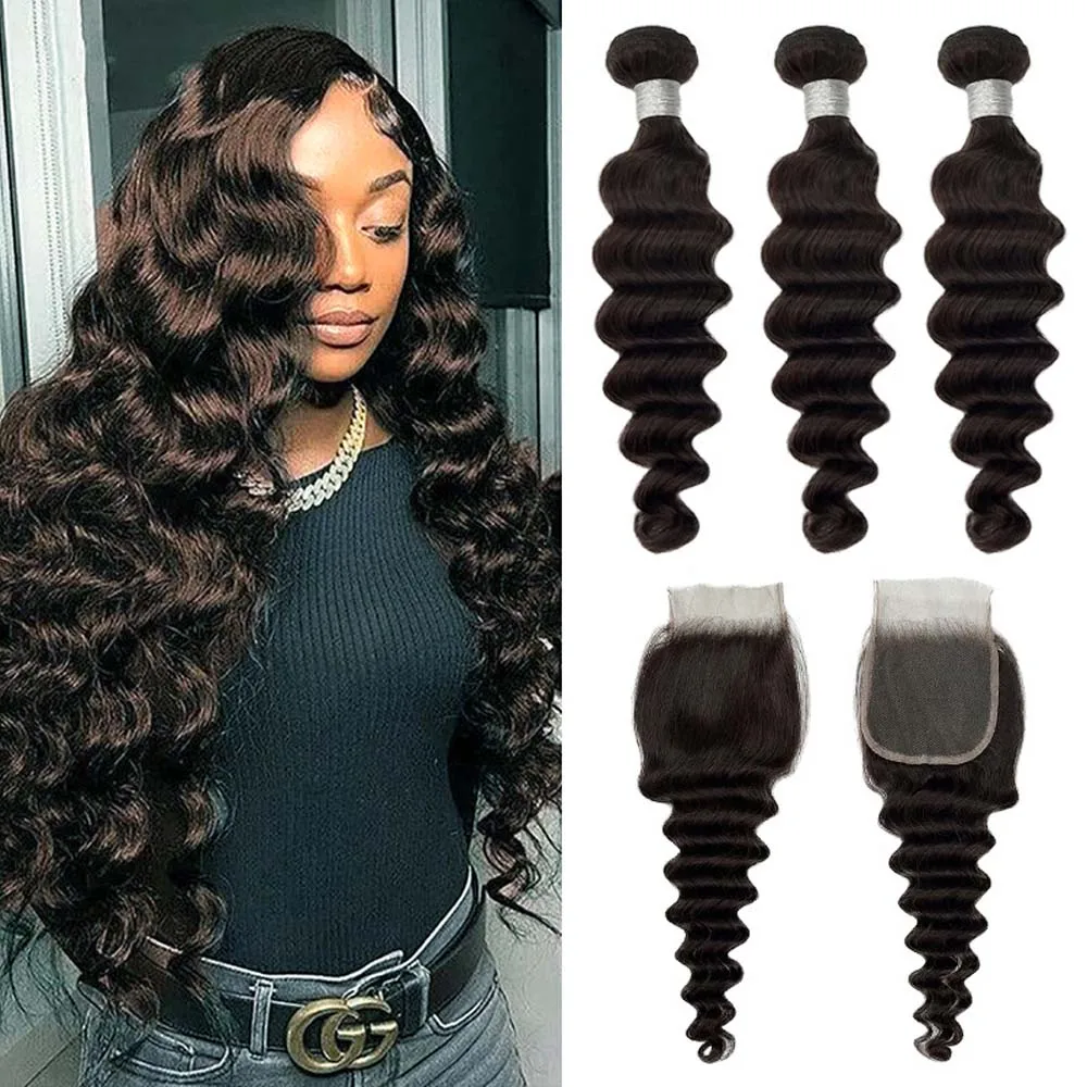 Color #2 Dark Brown Loose Deep Wave 3 Bundles with 4*4 Lace Closure 10A Brazilian Human Hair Extension 400Gram/Lot For One Head
