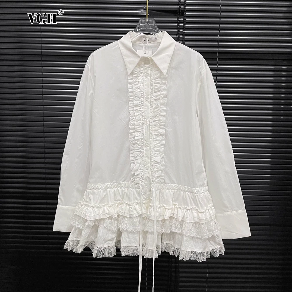 

VGH Spliced Lace Edge Skirt Blouses for Women Lapel Long Sleeve Spliced Lace Up Sweet Style Shirt with Fungus Design Female New