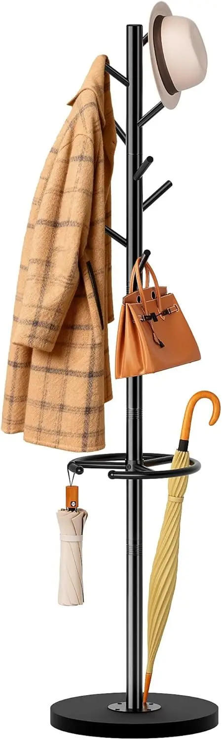 

Freestanding Coat Rack with Umbrella Holder and Wood Base, 8 Hooks for Jackets, Hats, Bags - Black