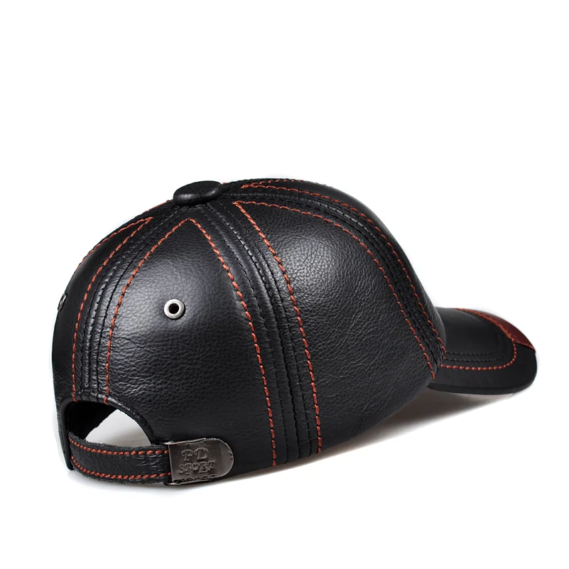 Genuine Leather Baseball Cap Men Black Cowhide Hat Snapback Male Adjustable Autumn Winter Real Leather Peaked Hats