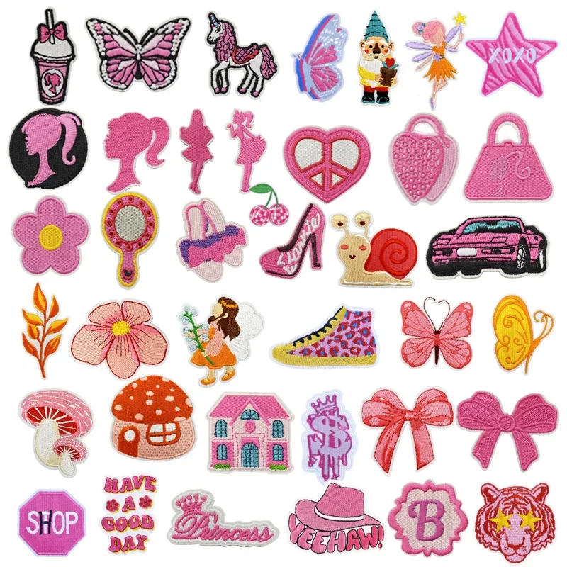 Ironing Patch Embroidered Mushroom Doll Cute Fairy Love Animal Cloth Sticker Pink  Bow Cartoon Girl  Badge Iron on Patch