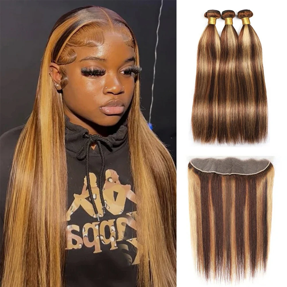 Highlight Human Hair Bundles With Closure P4/27 Colored Straight Bundles With Frontal 13x4 Lace Front and Bundle Hair Weave Remy