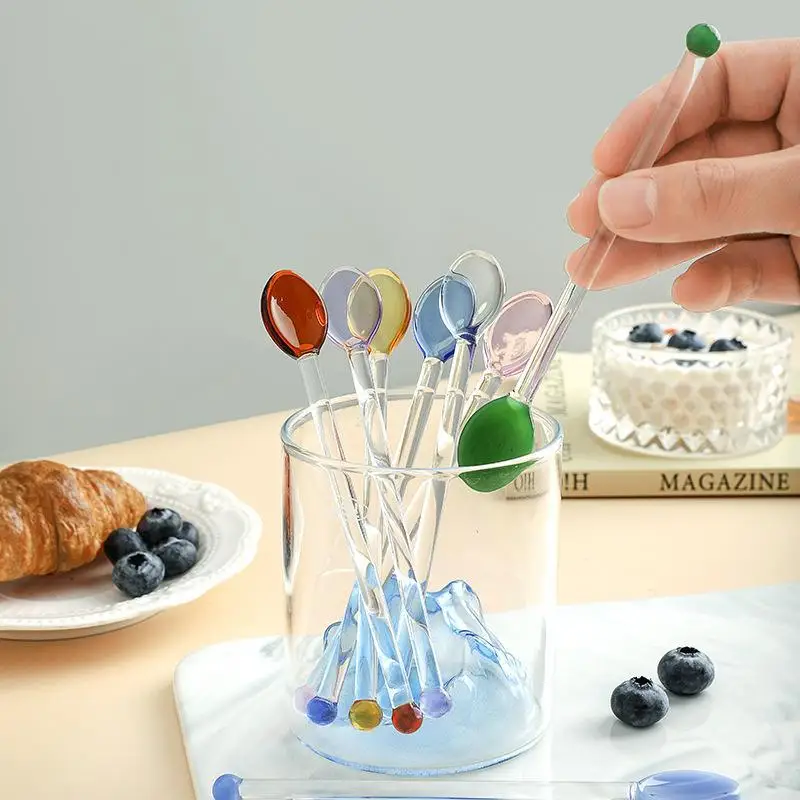 【MA】Colorful Transparent Long Handle Heat Resistant Glass Stirring Spoons For Coffee Tea Dessert Mixing