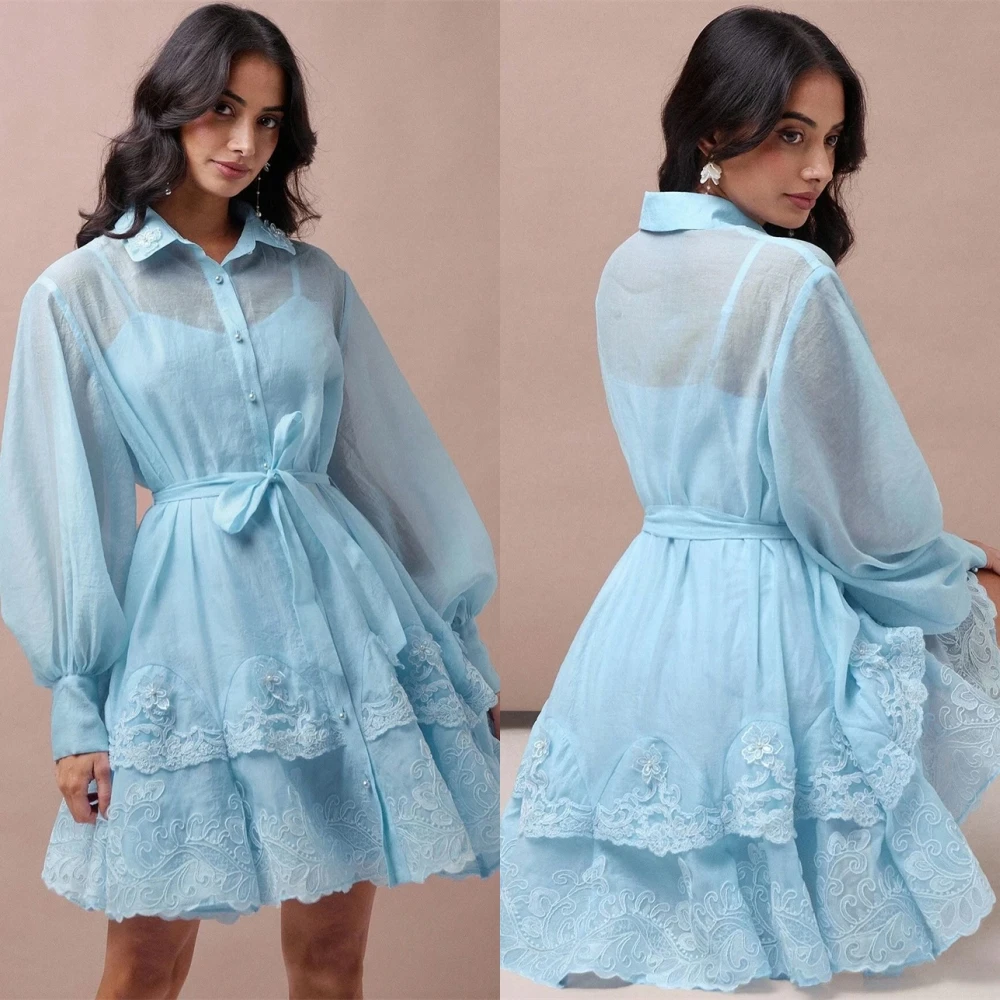 

Customized Elegant Graceful Blue Chiffon Evening Dress Delicate Crew Neck Long Sleeves Homecoming Dress Modern Party Dress