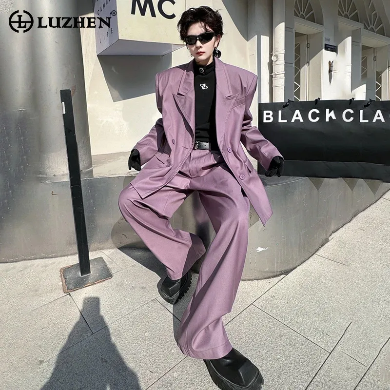 LUZHEN Fashion High Street Solid Color Suit Two-piece Sets Men Double Breasted Blazer Coat Loose Straight Pants Autumn LZ5213