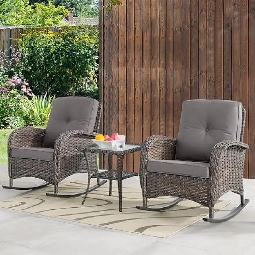 

2-Piece Outdoor Wicker Rocking Chairs Set with Rattan Side Table - Brown/Grey Patio Furniture for Porch and Backyard