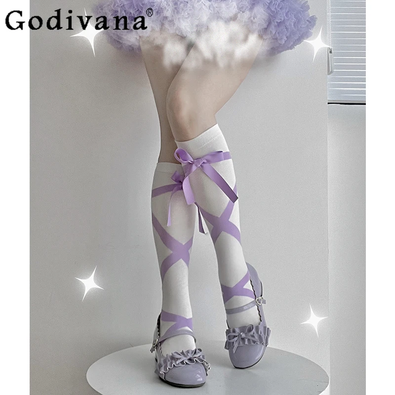 2024 Autumn New Girly Sweet Cute JK Fashion Kawaii Long Socks Women Bow Lace-up Lolita White Socks Student Y2k Thigh High Socks