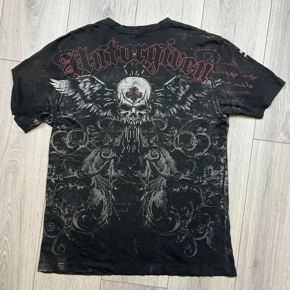 American men's summer Gothic bone wing skull letter print micro elastic breathable round neck T-shirt outdoor street top