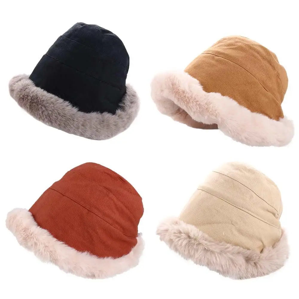 

Casual Thick Winter Japanese Warm Wide Brim Plush Bucket Hat Korean Style Beanies Woolen Women Hat