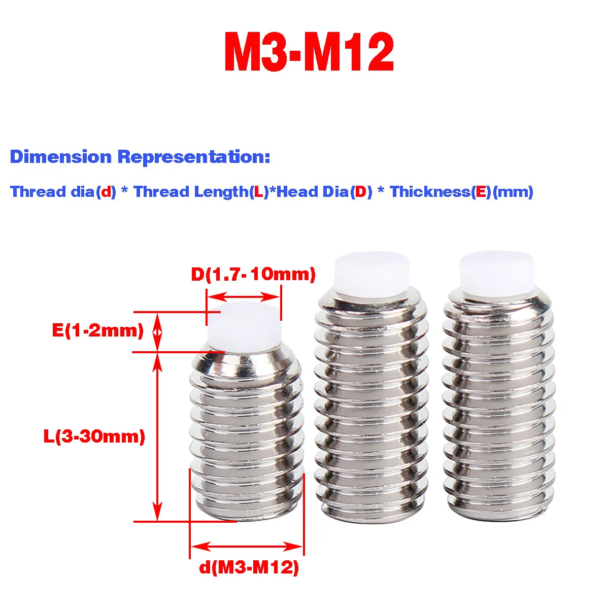 304 Stainless Steel Plastic Plunger Stop Set Screw / Nylon Head Buffer Screw M3M4M5M6M8M10M12