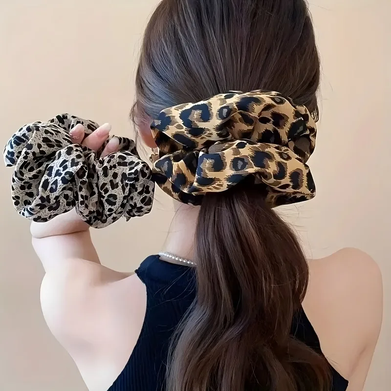 2pcs Leopard Headband Retro Elegant Fashion Satin Scrunchie High Elasticity, Fluffy Low Ponytail Clip, Happy Mood Photo Matching