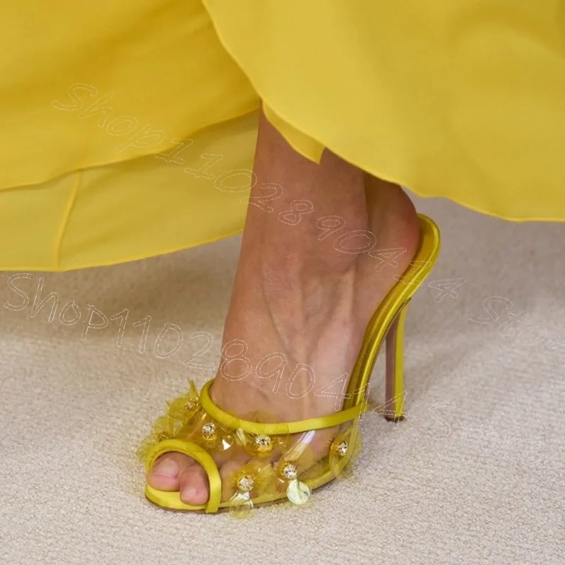 

Yellow PVC Crystal Appliques Peep Toe Slippers Slip On Women Shoes Thin High Heels Party Feast Dating 2026 Zapatos Para Mujere