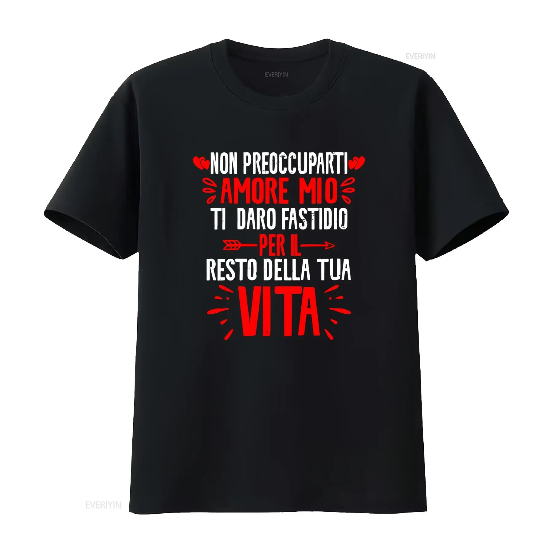 Sanalentin T shirt Couple Abbinata Stampa con Scritta Italian Love Nero Rosso Girocollo Casual Vestibilità Regolare vintage