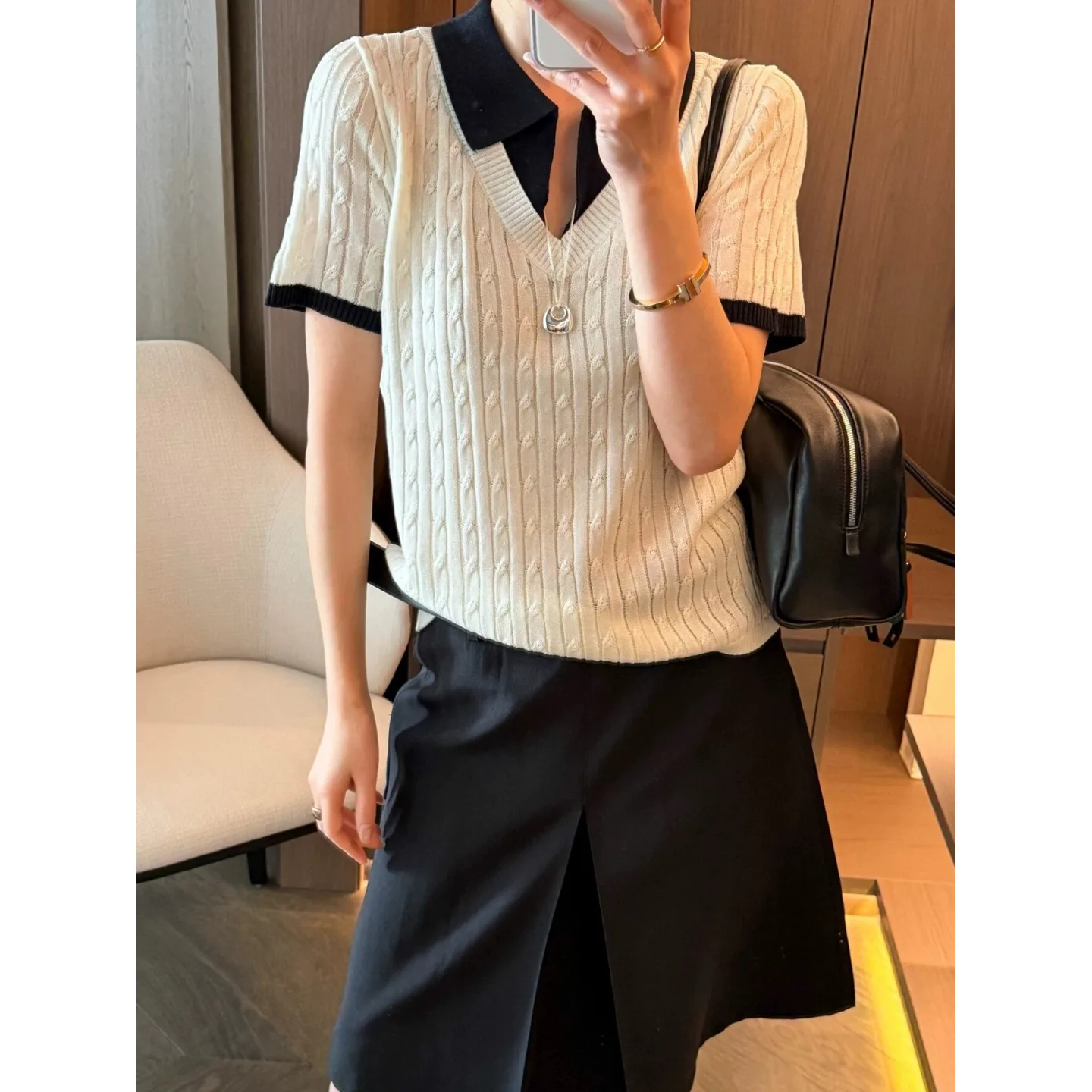 

Fashionable Korean Style Ice Silk Knitted Sweater Women's Base Layer Shirt Summer New Arrival Slim Fit Short Sleeve Neck