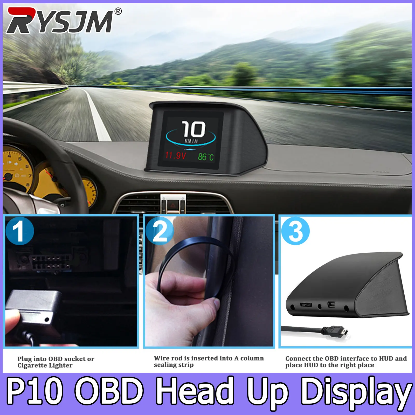 P10 OBD Head Up Display Computador de Bordo Automotivo Velocímetro Digital Medidor de Quilometragem OBD Computador de Condução Display Medidor de Velocidade Medidor de Temperatura
