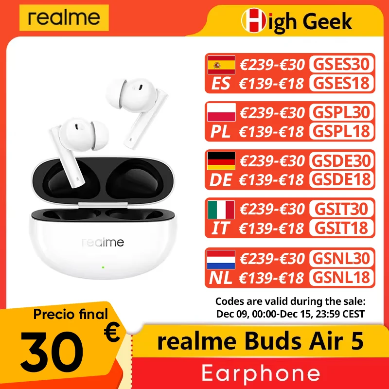 realme Buds Air 5 Global Version TWS Earphone 50dB Active Noise Cancellation Up to 38 Hours Playback Bluetooth 5.3 IPX5