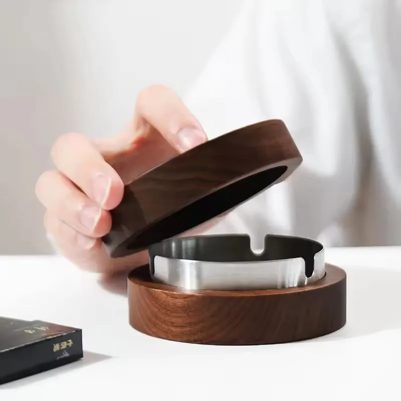 Nuovo posacenere da tavolo creativo posacenere antivento in acciaio inossidabile per posacenere da fumo con coperchio decorazione domestica per ufficio in legno di noce