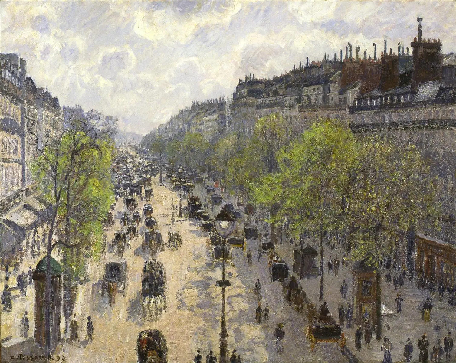 Pintura de arte impresionista 'Boulevard Montmartre Spring' de Camille Pissarro Reproducción al óleo pintada a mano sobre lienzo