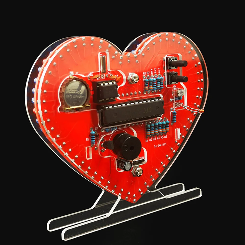 DIY Kits Heart Shaped 4-Digit Clock Date/Time/Temperature/Week Alarm Clock Music Soldering Suite for Girlfriend Valentine\'s Day