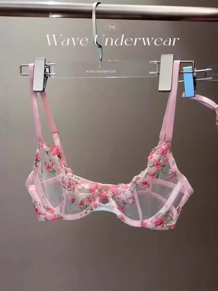 Vintage Französische Dienstmädchen-Sexy-Dessous, durchsichtiges Set mit Blumenstickerei, schwere Spitze, 32–38 AB, bequeme Unterwäsche in Übergröße MOYISU – Detail 10