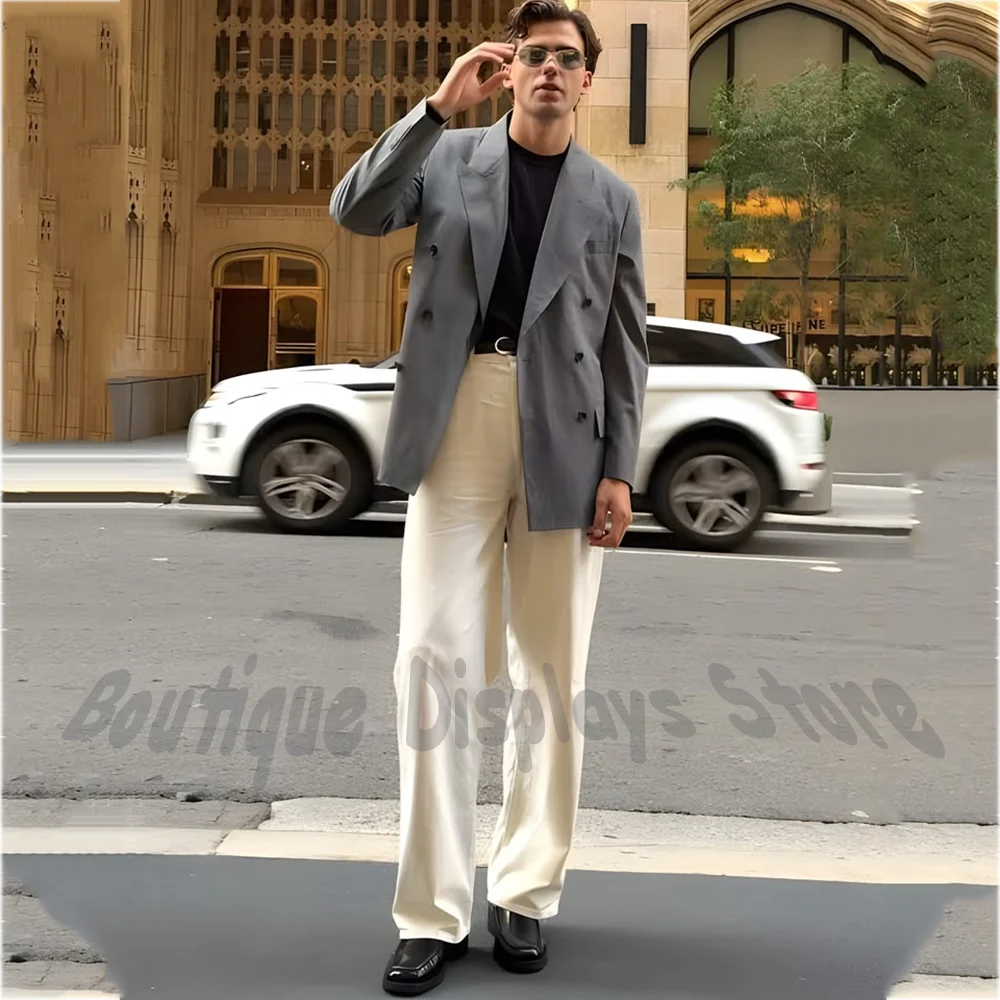 High Street Style Casual Men Suit Jacket Pants Double Breasted Contrast Suit Set Formal Occasions Party Event Prom Set Gentleman