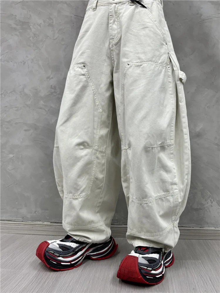 Design Sense stiksels ruches overall herenmode trend losse wijde pijpen casual broek matje broek