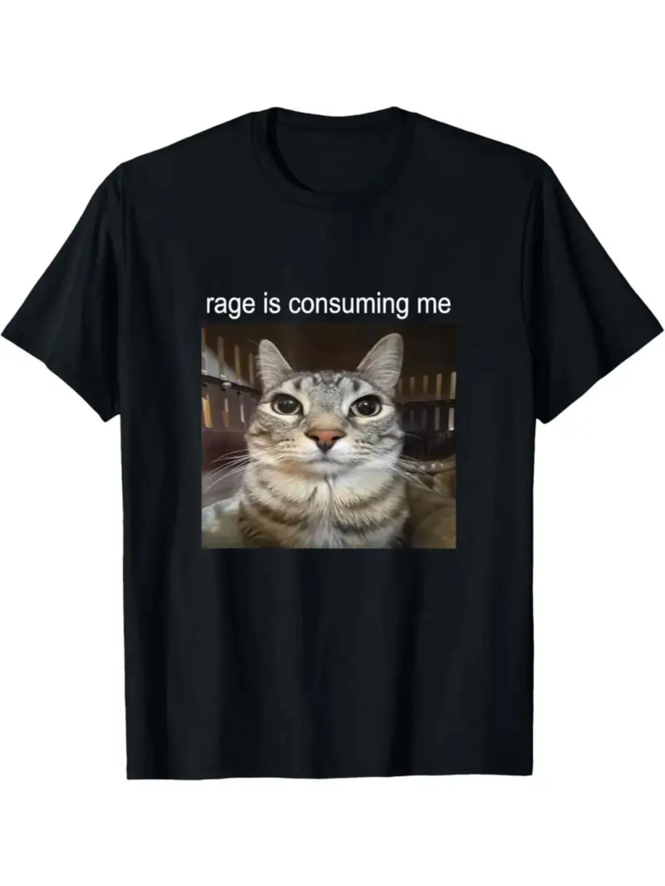 Men's short sleeved T-shirt, angry cat and silly smile expression combination T-shirt