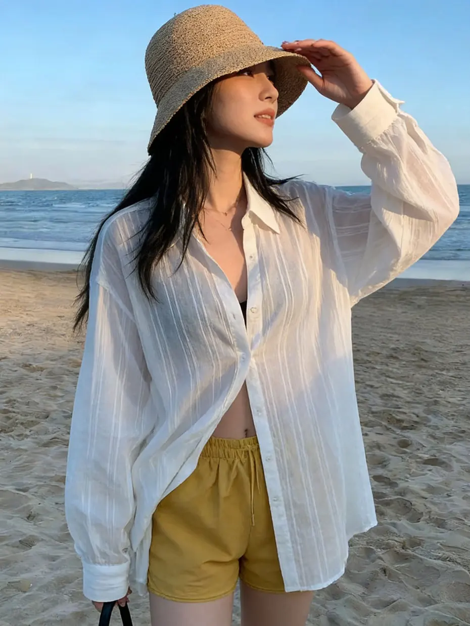 

Women's Long Sleeve White Shirt Outerwear Strap Sun Protection Open Cardigan Spring Fashion 2026 New Layered Shirt Jacket