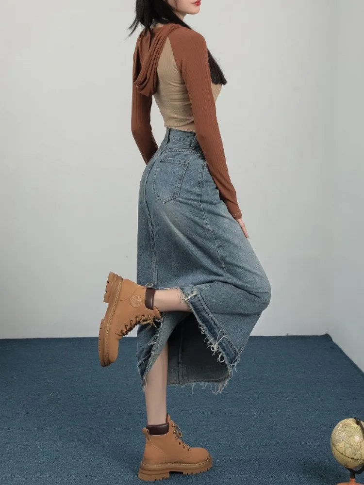 8 サイズミディスカート女性ディストレスデニムヨーロッパベーシックソリッドスリットデザイン秋 Y2k ストリートウェアシックファルダスムジェデイリーニュー