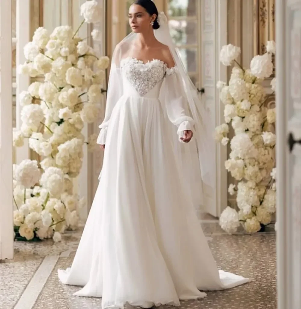 New Elegant Wedding Dresse 2026 Sweetheart Detachable Long Sleeves 3D Flowers Beads A-Line Chiffon Bridal Gowns Bride Dress