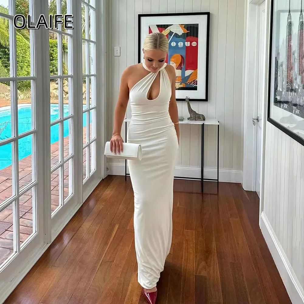 

Satin Mermaid Floor Length Prom Dresses Long Sleeves Halter Formal Occasion Guest Dress Customized Sleeveless vestidos de gala