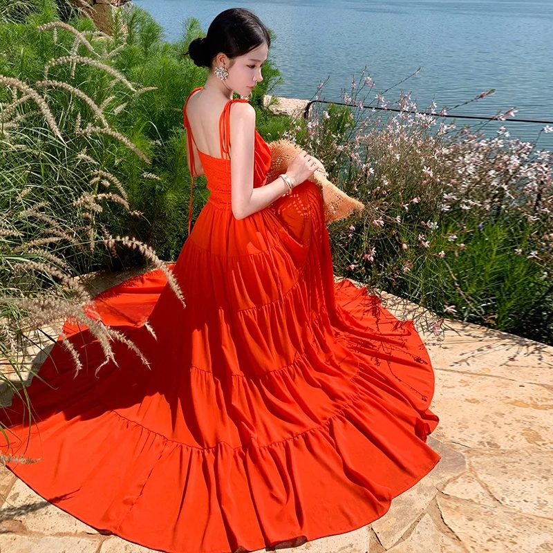 바이온 웨어 오렌지 V넥 밸 스트랩 드 여성용 롱 벨티드 드 시티 커뮤팅 슬레 엘라스틱 웨이스트 컷아웃 드