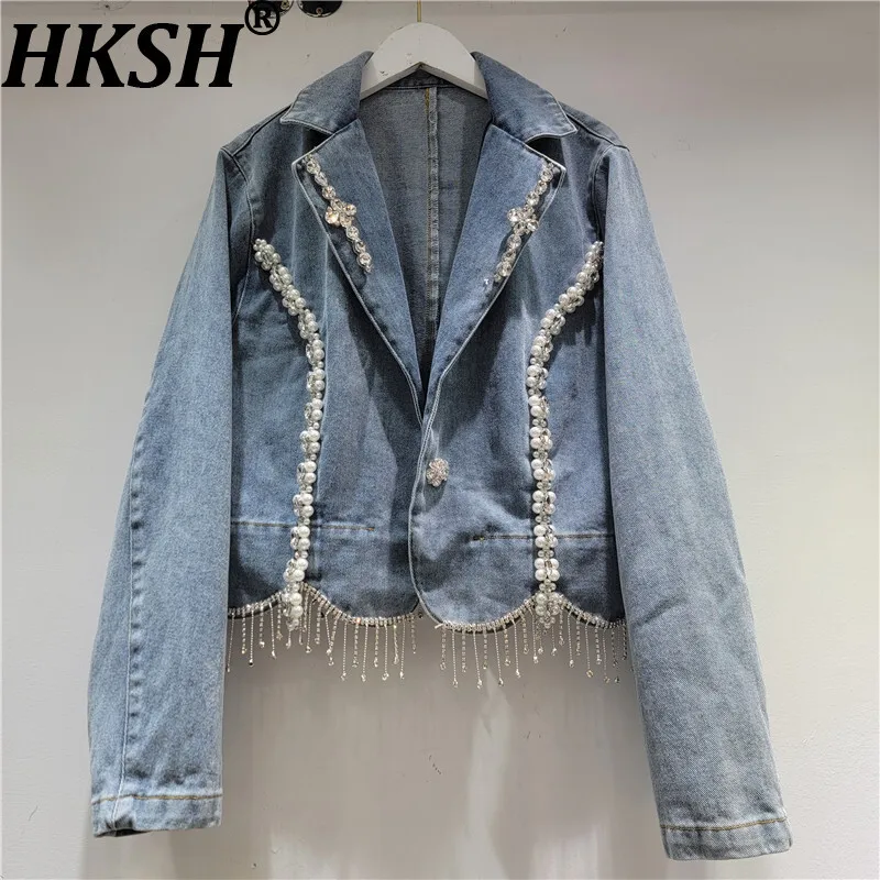 

HKSH Spring Autumn New Women's Denim Jacket Beaded Tassel Turn-down Collar Single Button Luxury Blazer Elegant Chic Coat HK15043