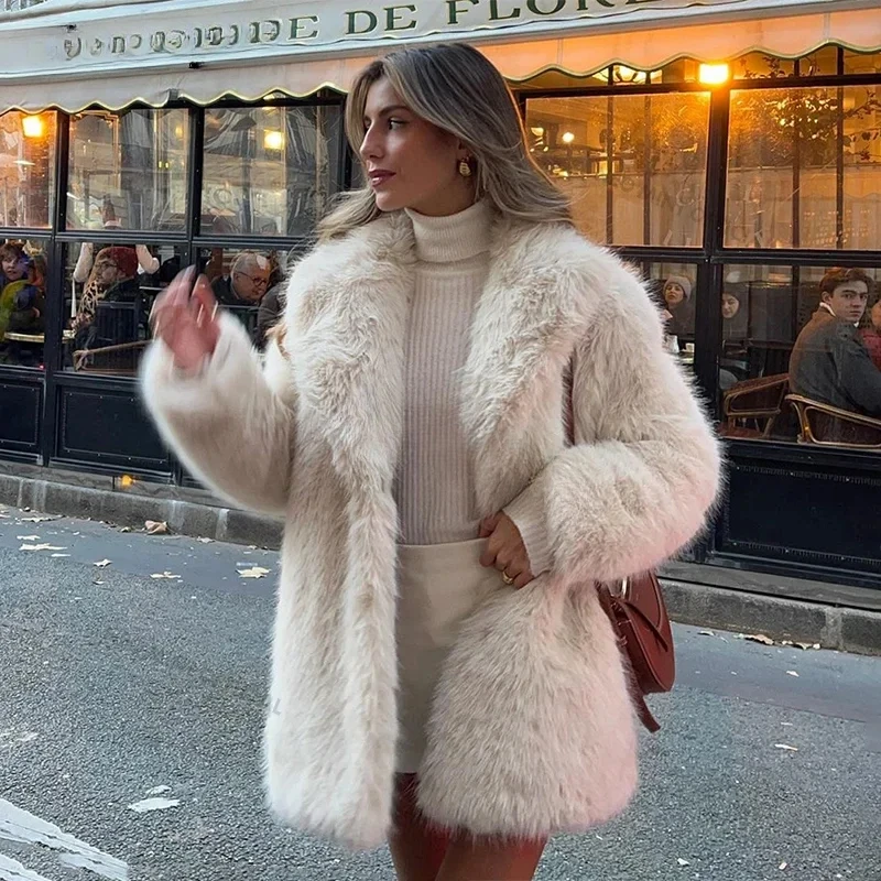 Abrigo de piel sintética con solapas para mujer, chaqueta de piel de zorro esponjosa de diseñador de marca de invierno, abrigos peludos de lujo para niña, prendas de vestir exteriores largas con estilo 2025