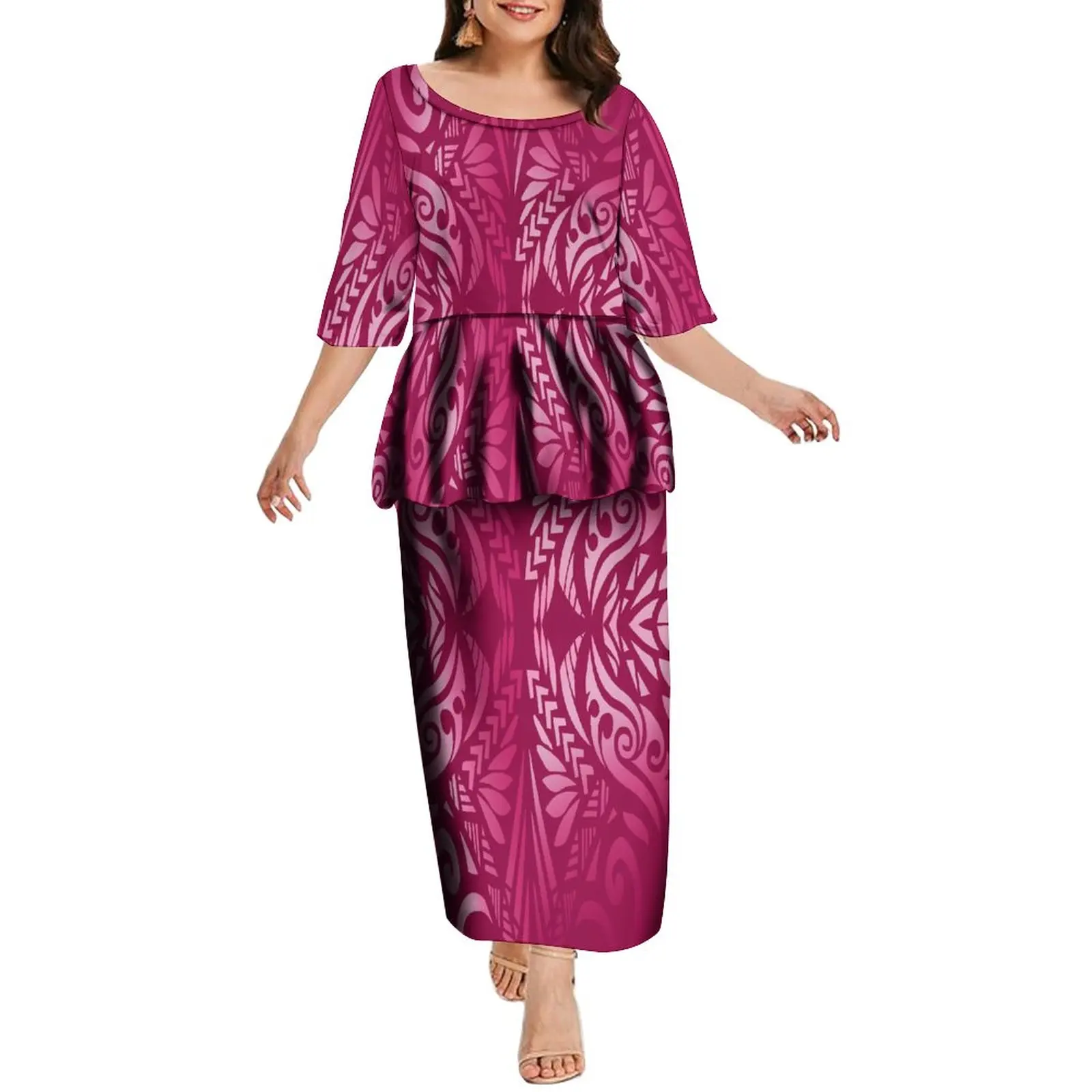 

Women'S Half-Sleeved Dress Polynesian Tribal Design Pattern Support Design Long Dresses For Formal Occasions Free Shipping