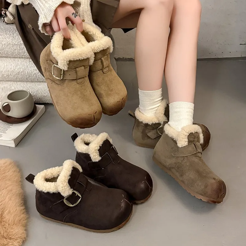 Women's Anti-Slip Comfortable New 2026 Casual Slip-On Shoes Warm Fleece Lined Retro Artistic Autumn Winter Bean Bean Shoes