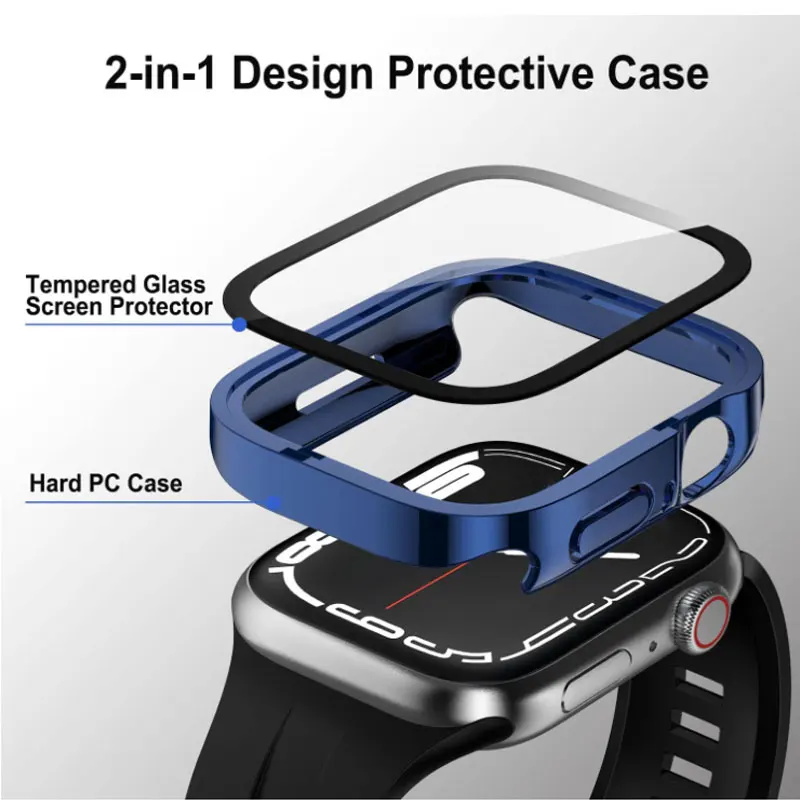 Tempered Glass Case for Apple Watch 9 7 8 45mm 41mm Screen Protector Cover Waterproof Hard PC Bumper iWatch 4 5 SE 6 44mm 40mm