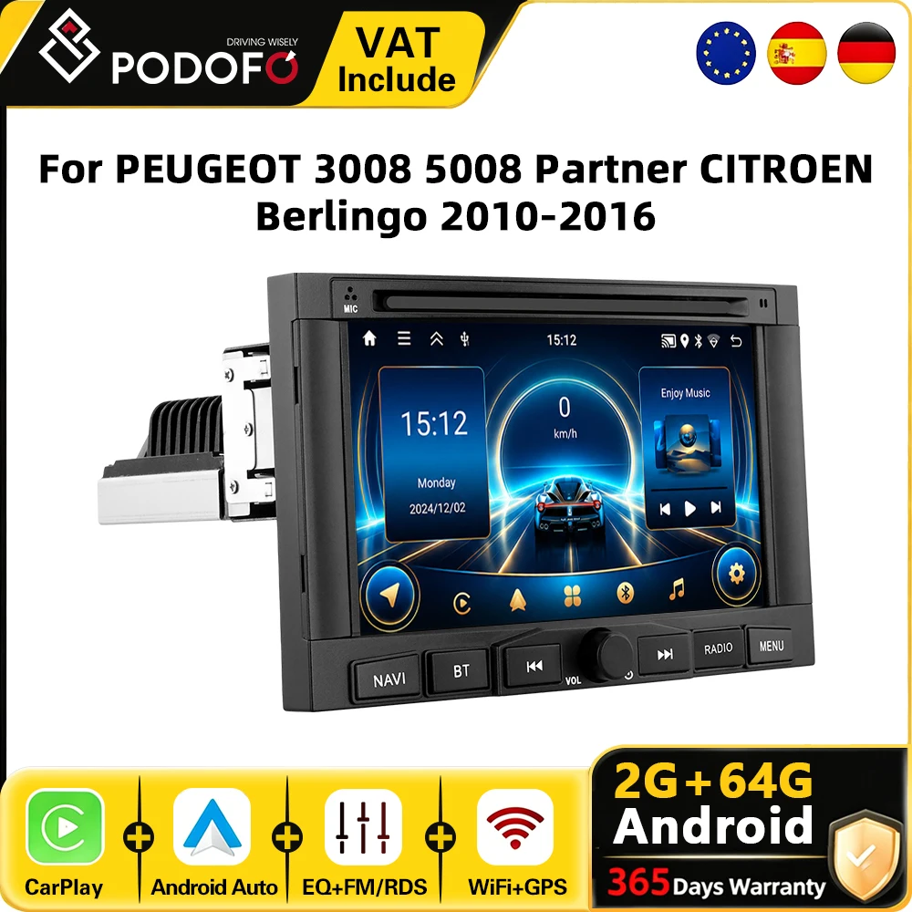 Podofo Android Car Player Autoradio 7 Zoll für PEUGEOT 3008 5008 Partner CITROEN Berlingo 2010-2016 GPS-Navigation WiFi BT Auto-Stereoanlage Multimedia-Musikplayer CarPlay Android Auto Intelligentes