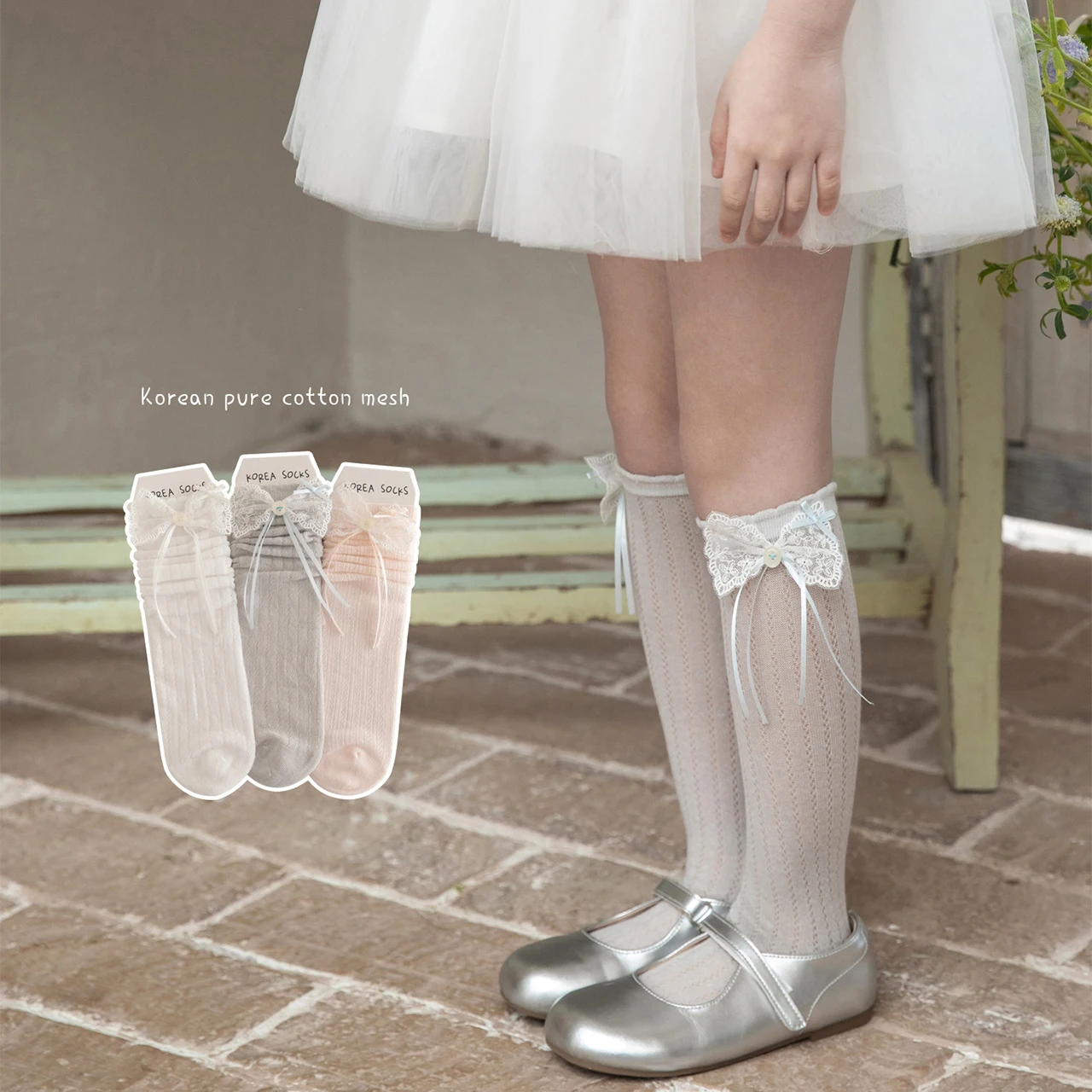 Princess Girl Long Stockings Lolita Lace Bow-tie Knee High Sock Summer  Breathable Children Mesh Calf Socks Baby Footwear 32cm