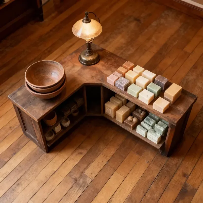 Custom Wooden Store Display Shelves and Island Table Fixtures for Soap Cosmetics and Gift Shops