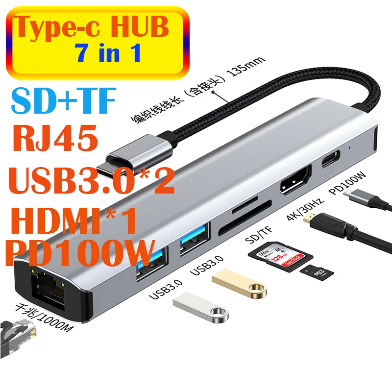 7-in-1 USB C HUB Docking Station 4K30Hz HDMI USB3.0 5Gbps PD100W RJ45 SDTF USB Splitter Card Reader for MacBook Pro Air Laptop