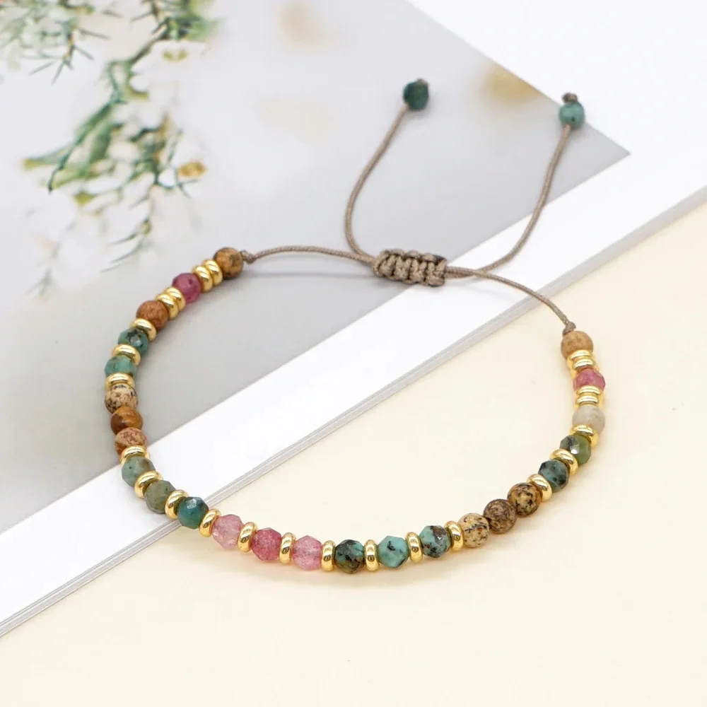 Multicolor Natural Stone Gold Spacer Beads Adjustable Beaded Bracelet Women Casual Travel Accessories Bracelet Gift for Friends