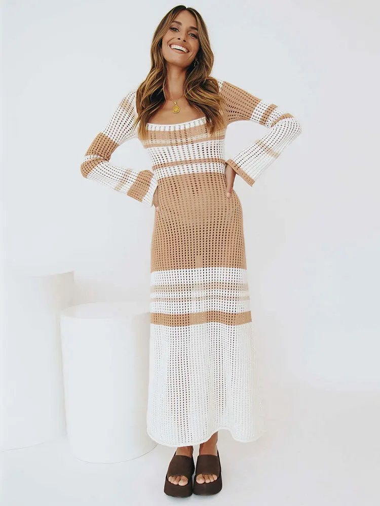 

White Boat Neck Hollow Out Crochet Swimsuit Cover Up Pareo Tunic Summer Maxi Dress Bikini Cover-ups Women Beachwear A2325