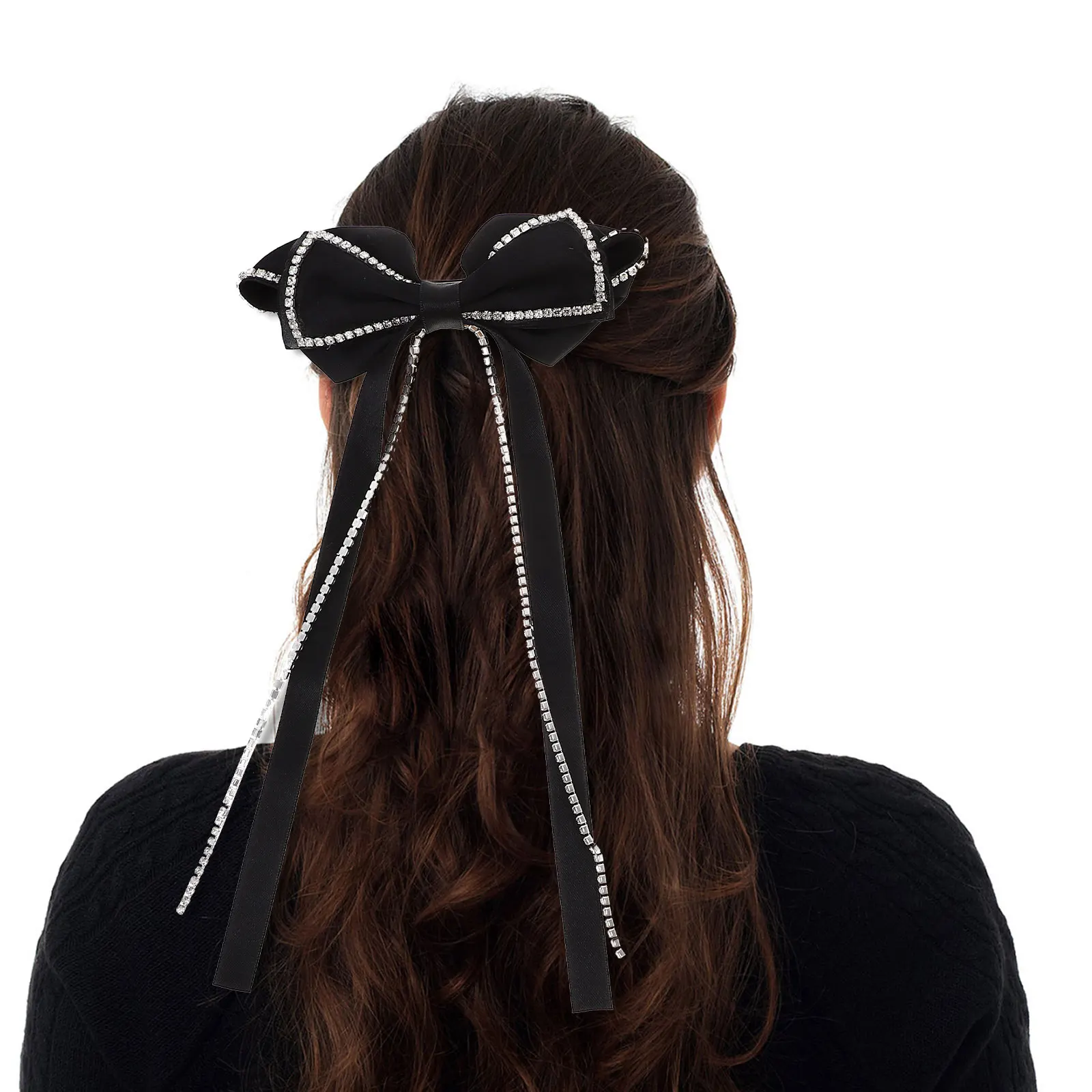 

2 pcs Rhinestone Hairpin Streamer Clip Black White Women Girls Hair Rhinestone Bow Clips Accessories Long Bows Reusable
