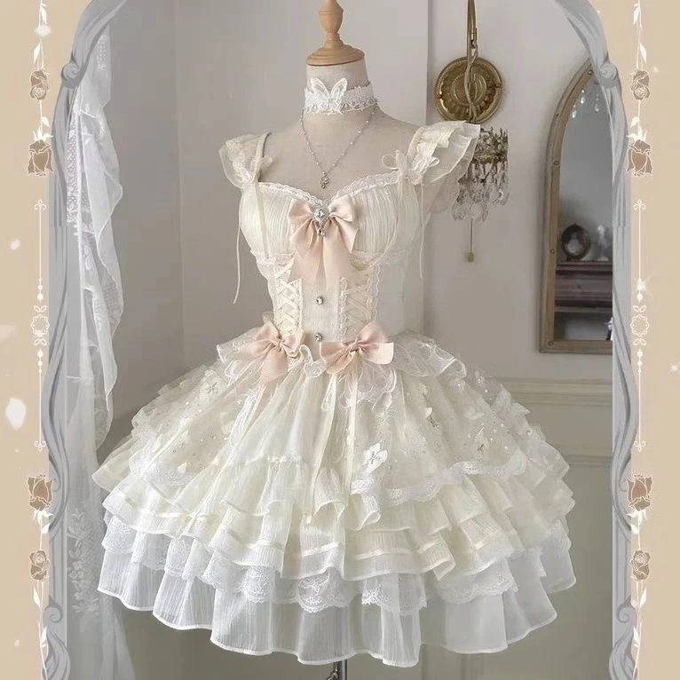 2026 Sweet Lolita Y2k Mini Dresses Women Lace Patchwork Short Sleeve Elegant Bandage French Vintage Short Party Dress Female - Image 5