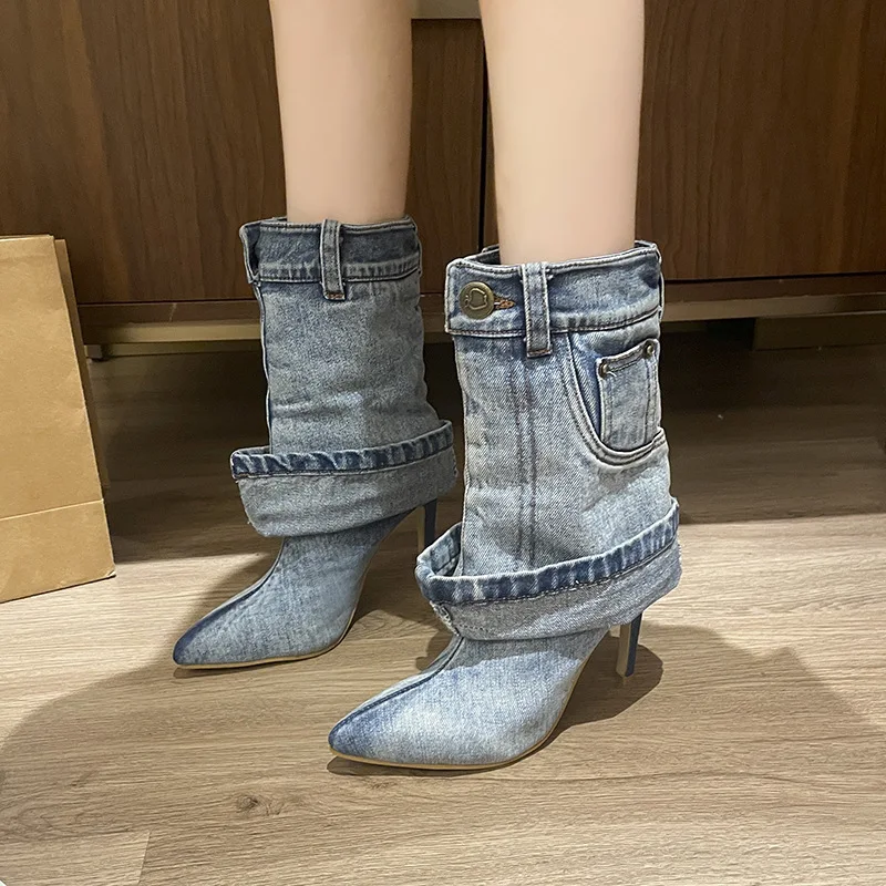 2026Women's Autumn/Winter Denim Fine High Heel Skirt Boots Fashion Pointed Large Women's Four Seasons Short Boots，Mid Tube Style