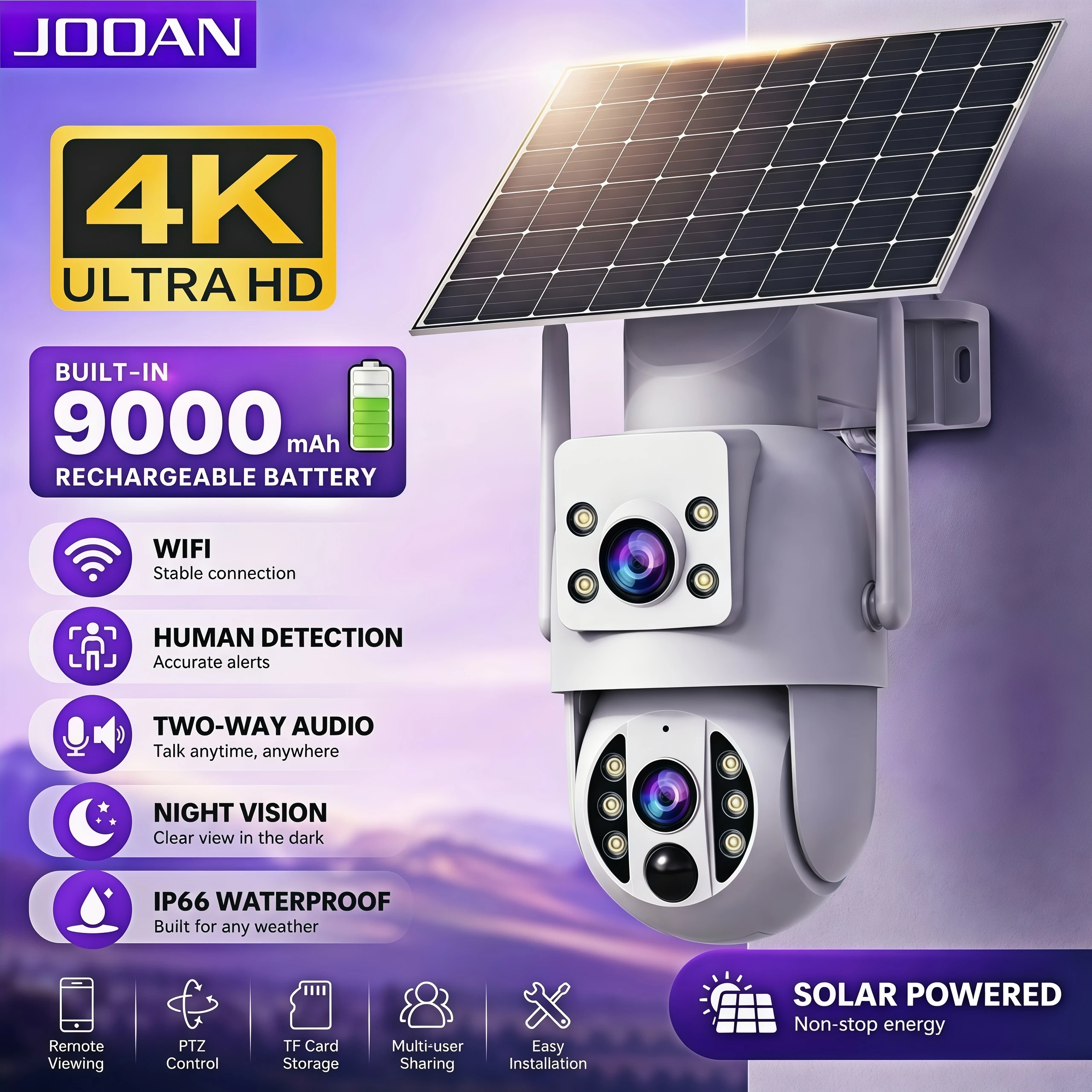 JOOAN 4K WiFi Solar Camera Dual Lens Outdoor Human Detect Waterproof Night Vision Security IP Camara Low Power Battery Camera