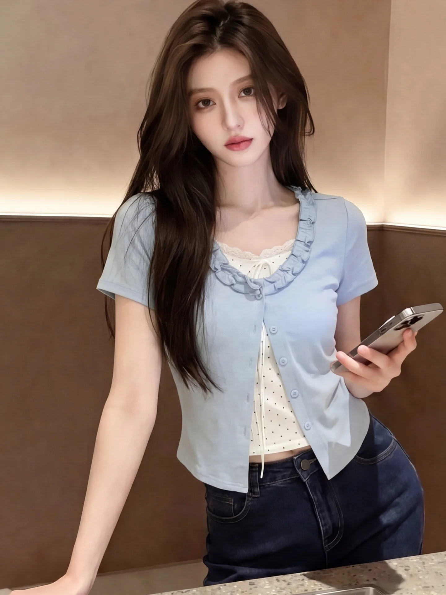 

Summer Short Sleeve T-Shirt Women's Bm Style Fake Two-Piece High Shoulder Pure Desire Miu Series Citywalk Casual Cotton